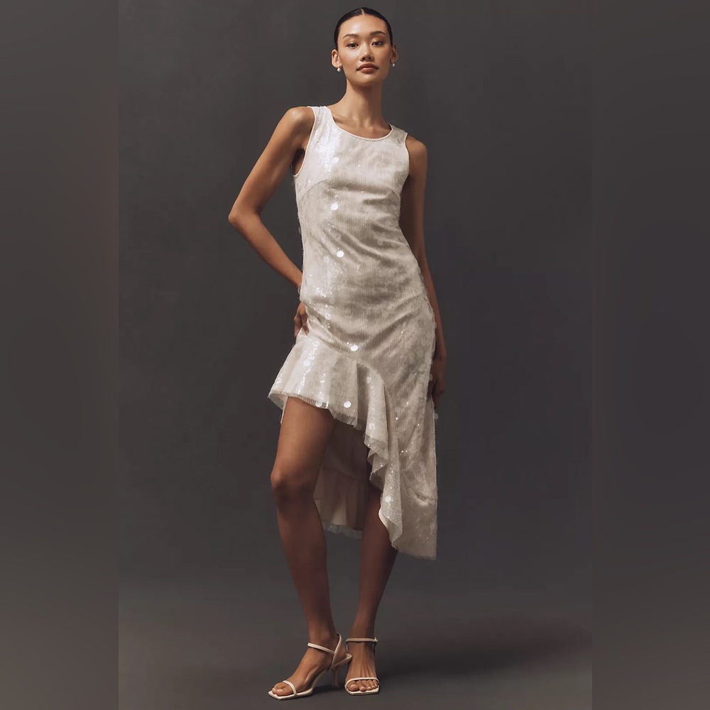 NWT ANTHROPOLOGIE x Siempre Sequin Asymmetrical Dress Cream Size XXS